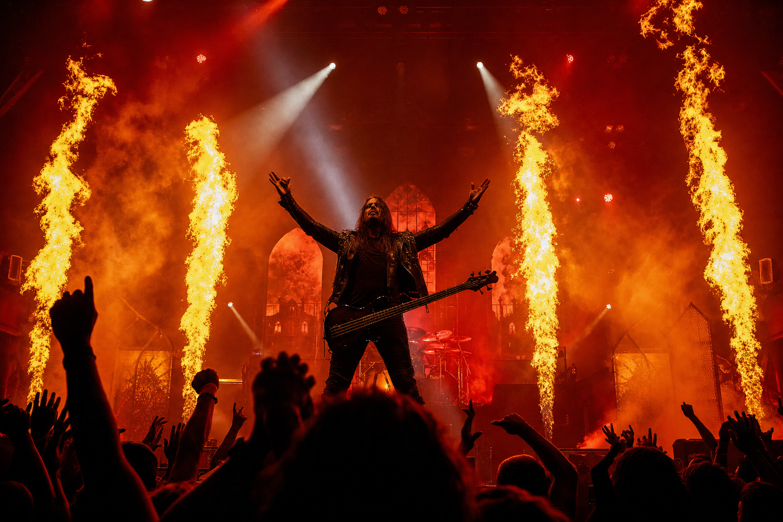 Heavy metal concert with pyrotechnics and red stage lighting
