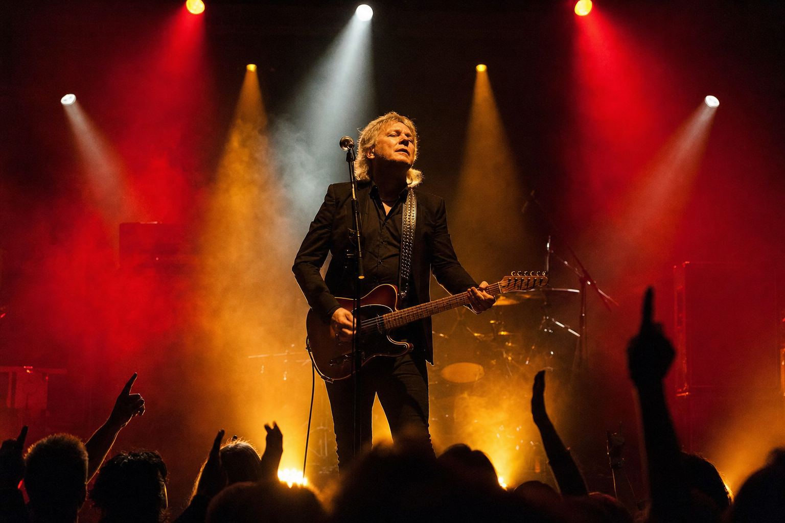 Tom Cochrane performing on stage with electric guitar under warm amber stage lighting
