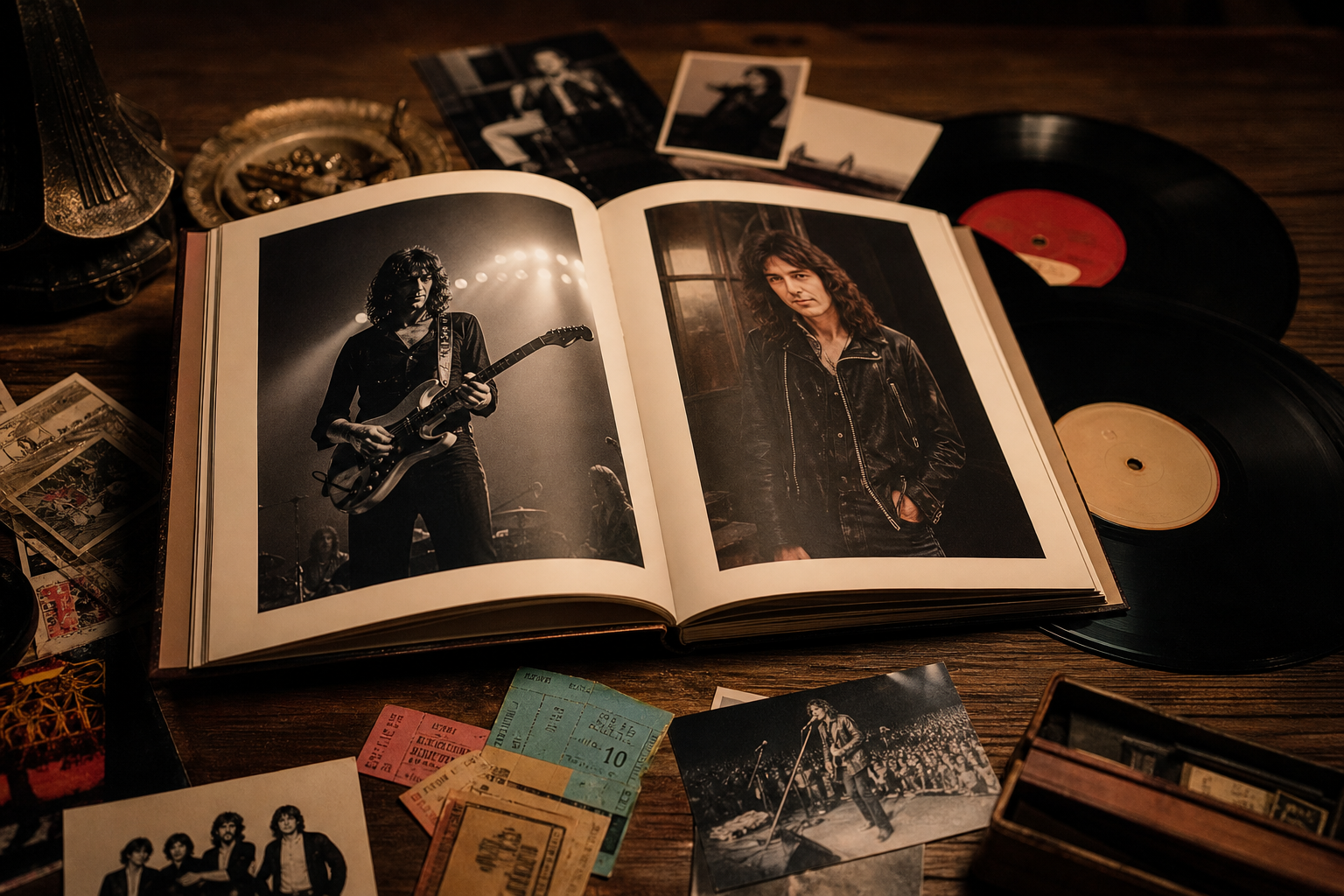 Music memoir book on dark wooden surface with warm editorial lighting