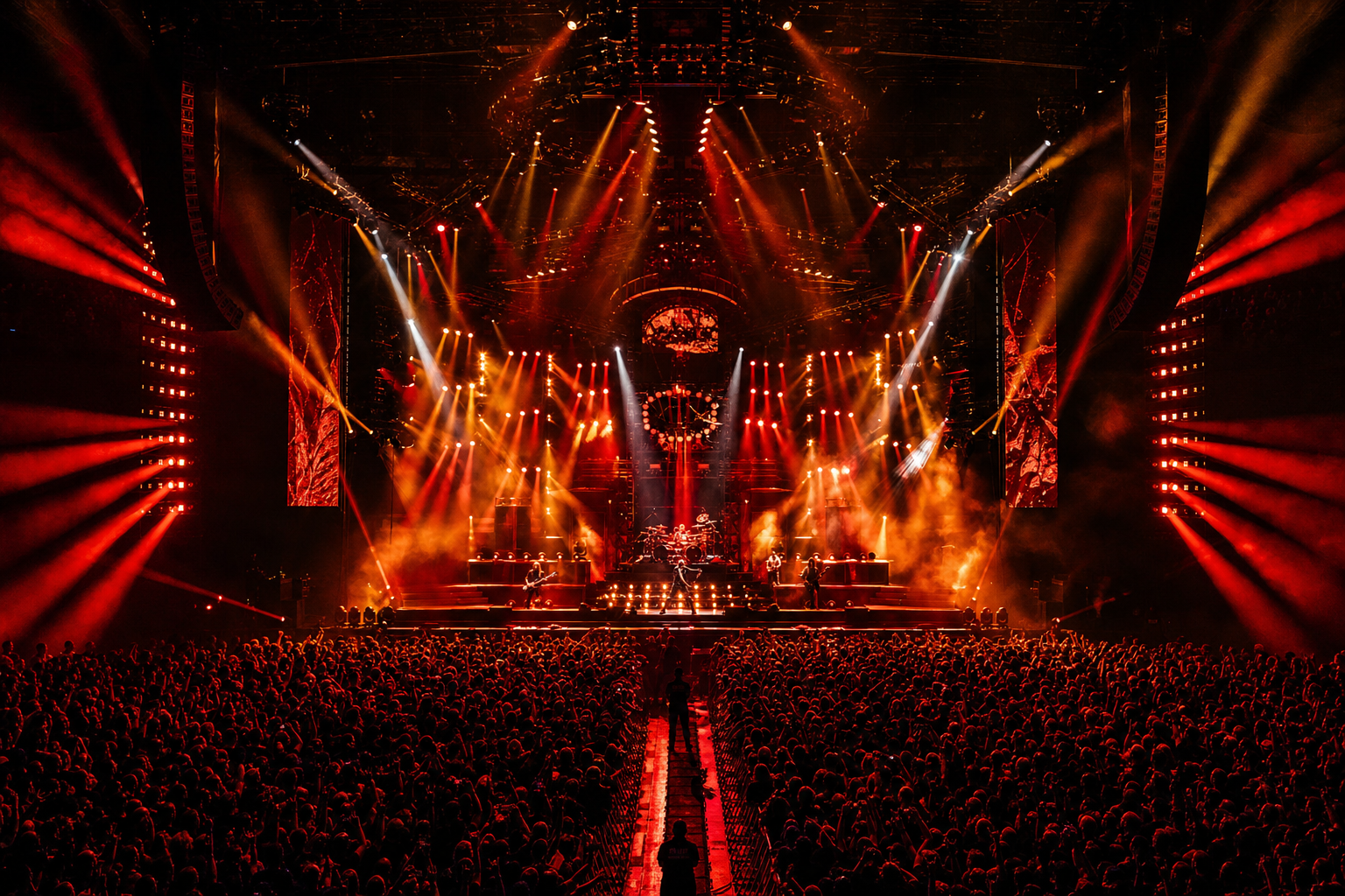 Concert stage bathed in deep red and amber light at a Canadian rock show