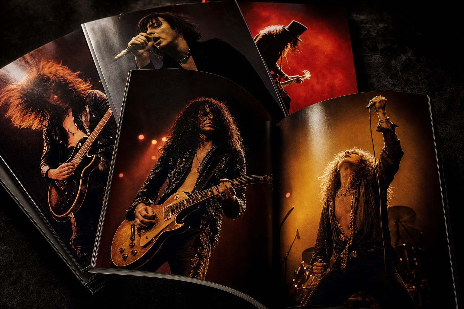 Stack of rock music print magazines on dark editorial surface with amber lighting