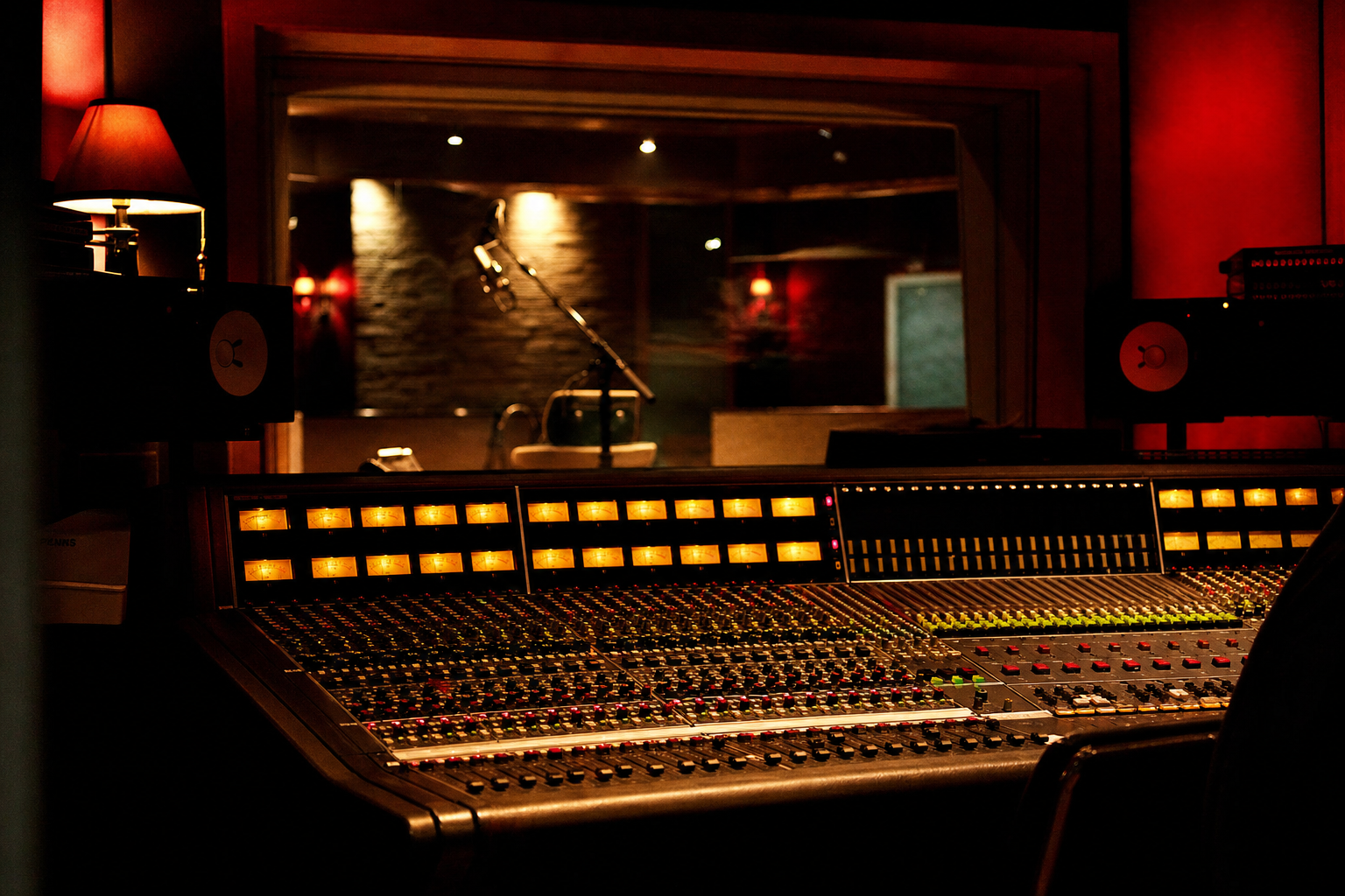 Radio broadcasting studio with mixing console and warm amber lighting